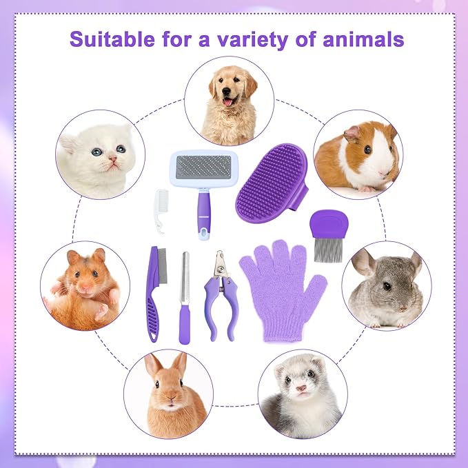 8 Pcs Small Animal Pink Grooming Kit, Rabbit Grooming Kit with Pet Nail Clipper and File, Flea Comb, Pet Shampoo Bath Brush , Pet Shedding Slicker Brush, Bath Massage Glove, Cleaning Comb