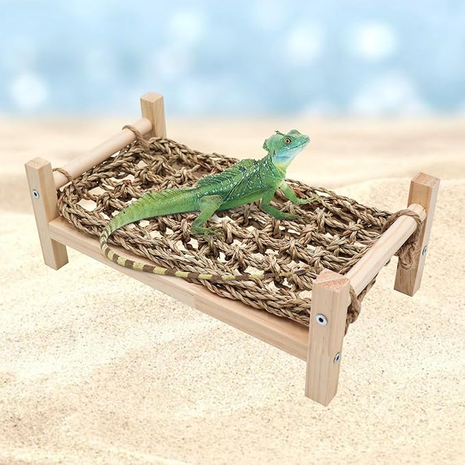 Dnoifne Reptile Hammock Swing Hanging Bed, Wooden Lizard Bed, Reptile Summer Bed for Bearded Dragon Leopard Gecko Lizard (Large)