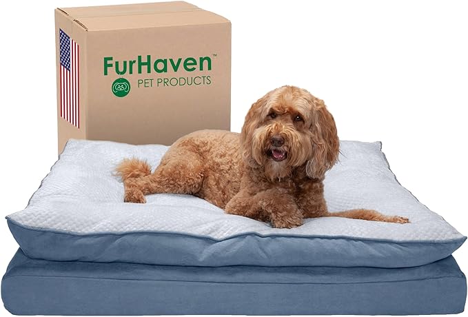 Furhaven Orthopedic Dog Bed for Large Dogs w/ Pillow Cushion Top & Removable Washable Cover, For Dogs Up to 95 lbs - Minky Plush & Suede Pillow Top Mattress - Stonewash Blue, Jumbo/XL