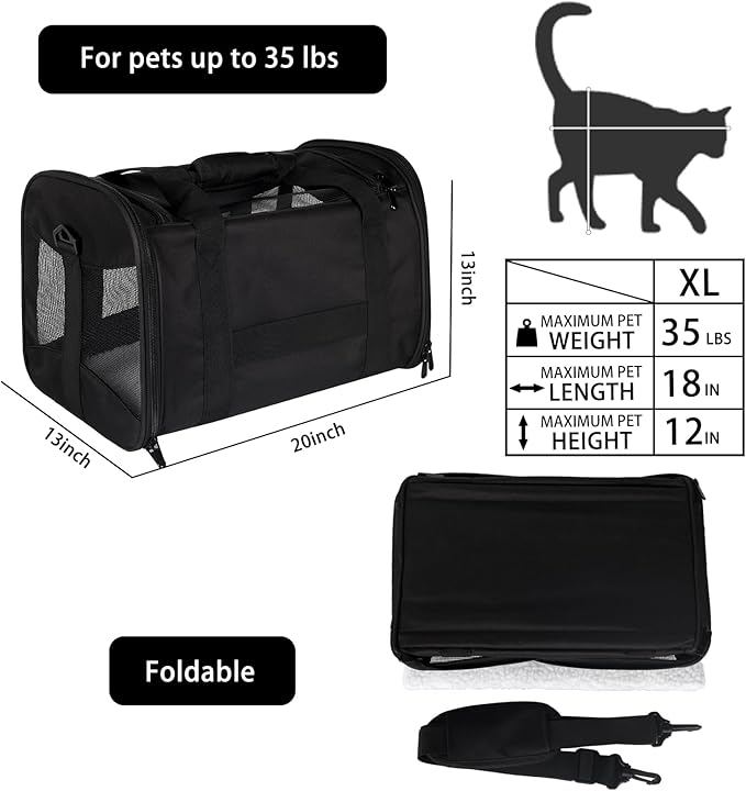 Cat Carrying Case - Pet Carrier Airline Approved, Protable and Breathable Pet Travel Carrier Removable Fleece Pad, Collapsible Cat Carrier Dog Carrier for Medium Cats Small Cats Dogs (X-Large, black)