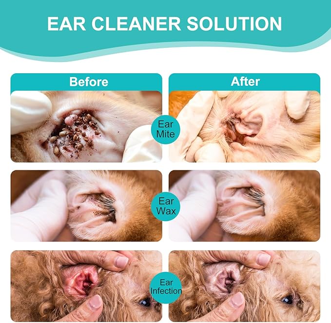 Dog Ear Cleaner Set, 4oz Dog Ear Cleaning Solution & 20pcs Cotton Swabs & 20pcs Finger Covers, Ear Cleaner for Cats