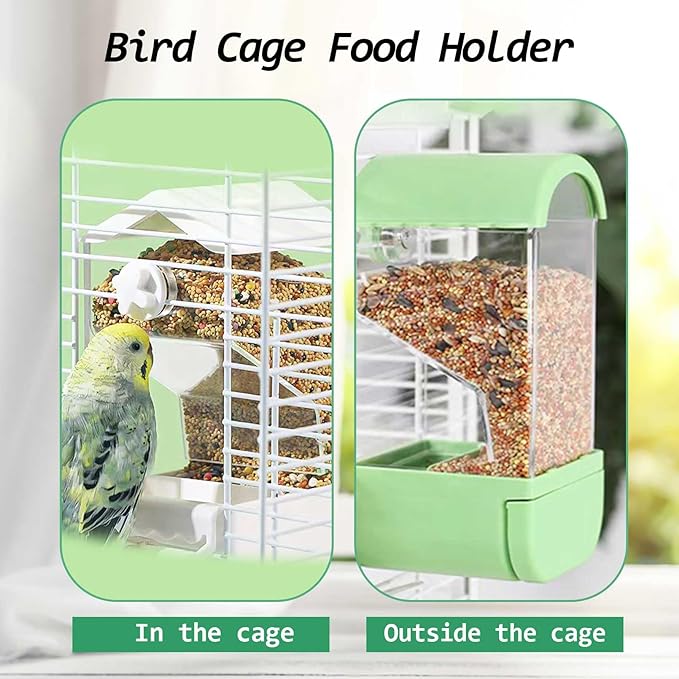 No Mess Bird Cage Feeder Automatic Parakeets Seed Food Container Acrylic Parrot Feeder Cage Accessories Transparent Small and Medium Lovebirds Canary Cockatiel Finch (Green)