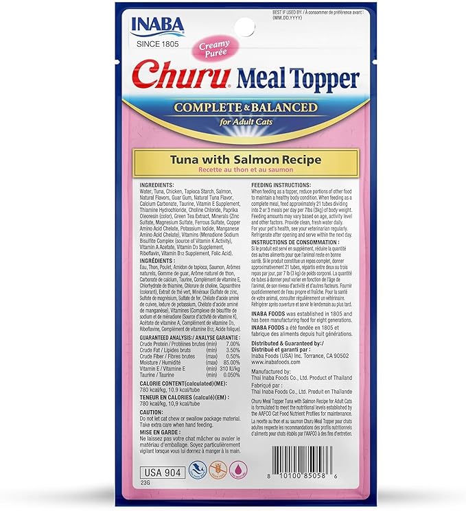 INABA Churu Meal Topper for Cats, Complete & Balanced, Creamy, Lickable Purée Cat Food Topper, 0.5 Ounce Tube, 12 Tubes (4 per Pack), Tuna with Salmon Recipe