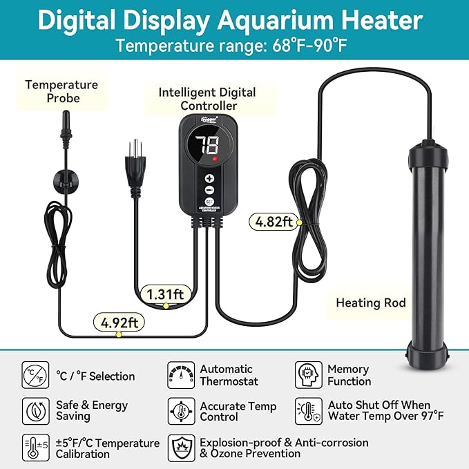 hygger Marine Aquarium Heater 50W 100W 200W 300W 500W,Titanium Heater with Temperature Calibration,Digital LED Controller,Temperature Probe,Submersible Fish Tank Heater for Saltwater Freshwater Tank