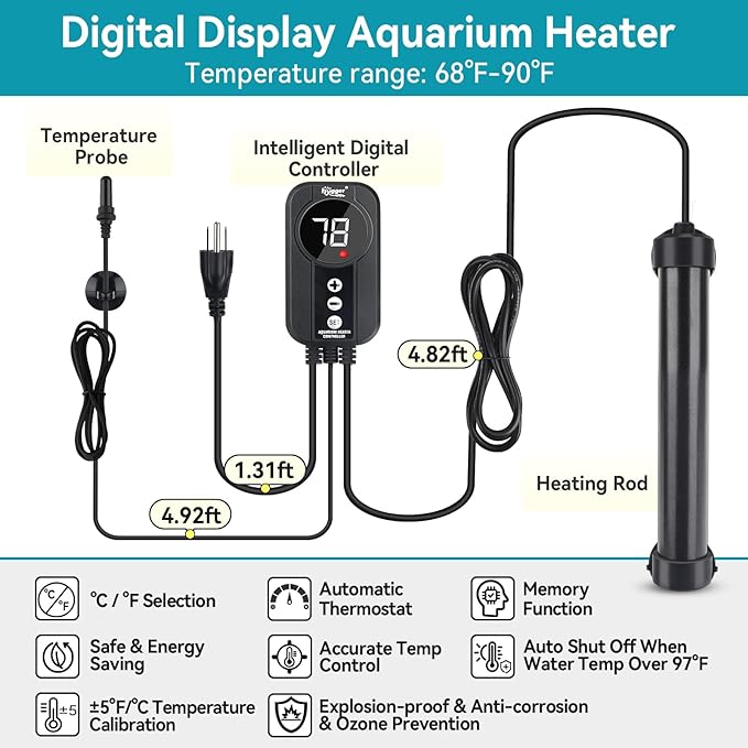 hygger Marine Aquarium Heater 100W,Titanium Heater with Digital LED Controller & Temperature Probe,Submersible Fish Tank Heater with Temperature Calibration,for Saltwater Freshwater Tank 15-20Gallon