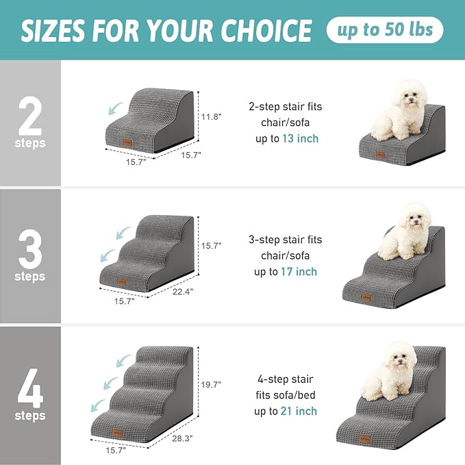 Dog Stairs for Couch or Low Bed, Small Dogs Ramp with Leakproof Cover, Foam Pet Steps for Cat and Sofa, Lightweight, Non-Slip, Durable, Comfort, 15.7x22.4x15.7in, Light Grey, 3 Tiers