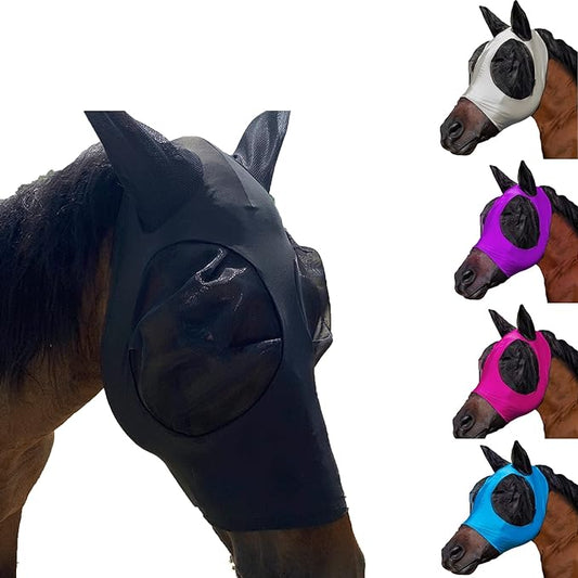 Upgrade Uv Horse Fly Mask with Ears - Equine Sunscreen Lycra Quiet Ride Elasticity Fly Mask with Ear Protection (Black)