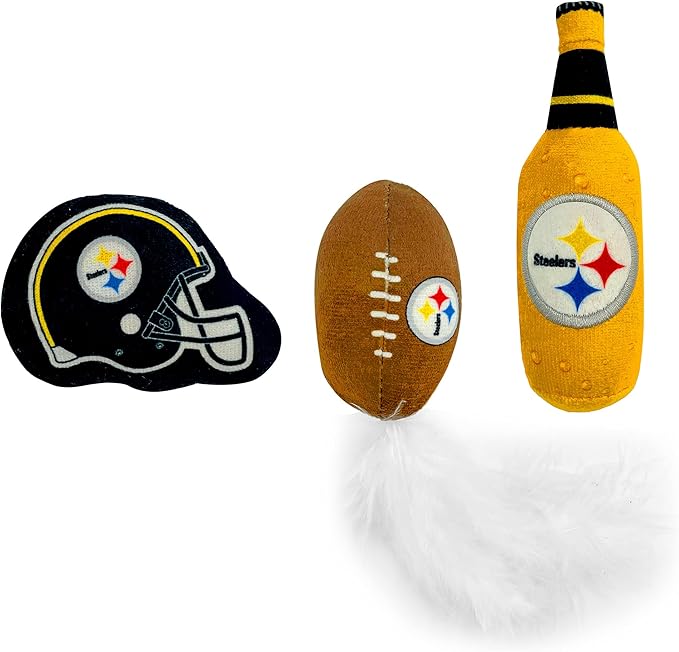 BEST PLUSH CAT TOY NFL PITTSBURGH STEELERS Complete Set of 3 piece Cat Toys filled with Fresh Catnip. Includes: 1 Helmet Cat Toy, 1 Football Cat Toy with Feathers & 1 Beer Bottle. Beautiful Team LOGOS