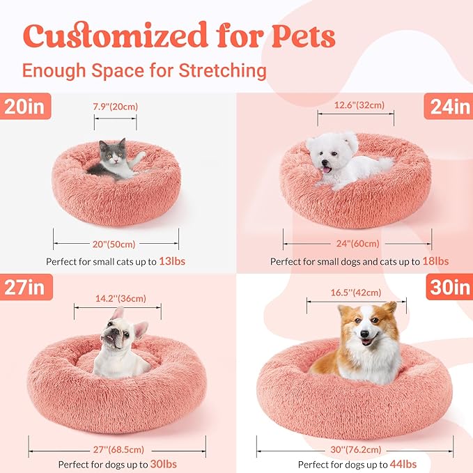 rabbitgoo Cat Beds for Indoor Cats, 24 inches Cat Bed Machine Washable, Fluffy Round Pet Bed Non-Slip, Calming Soft Plush Donut Cuddler Cushion Self Warming for Small Dogs Kittens, Pink, Large