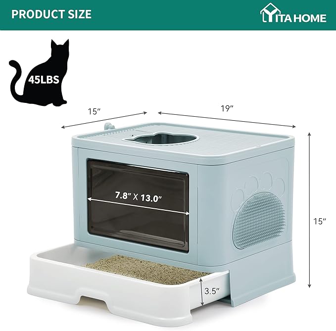 YITAHOME Large Enclosed Cat Litter Box with Lid Cover, Hooded Odorless Cat Toilet with Litter Scoop Cat Self Groomer Deodorizer Filter Front Entry Top Exit Door, Easy to Install and Clean (Blue)