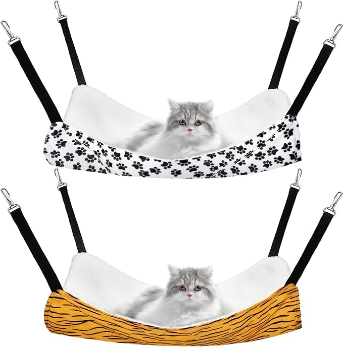 2 Pieces Reversible Cat Hanging Hammock Soft Breathable Pet Cage Hammock with Adjustable Straps and Metal Hooks Double-Sided Hanging Bed for Cats Small Dogs Rabbits (Zebra and Cat Paw Print, M)