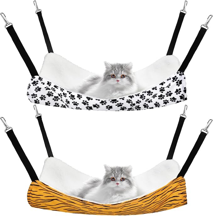 2 Pieces Reversible Cat Hanging Hammock Soft Breathable Pet Cage Hammock with Adjustable Straps and Metal Hooks Double-Sided Hanging Bed for Cats Small Dogs Rabbits (Zebra and Cat Paw Print, L)