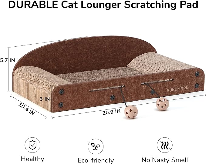 FUKUMARU 21 Inch Cat Scratcher Cardboard, Cat Lounger, Durable Cat Scratcher Bed Large Lounger with Bell Ball Toy, Recyclable Cat Scratching Pads for Indoor Cats, Cat Scratch Bed Cardboard