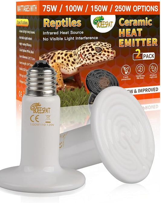 High Efficiency 100W Ceramic Heat Emitters, Pack of 2 Reptile Basking Heat Lamp Bulbs for Iguana, Bearded Dragon, Lizard, Amphibians & Small Pets (White, 100 Watts)