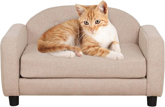 Dog Sofas and Chairs for Small Pet/Cat Sofa Bed with Wooden Frame/Bed for dogs with Linen Fabric/Cat Sofa Chair with Cushion/Dog Couch for Small Dog Rest Using (Beige)