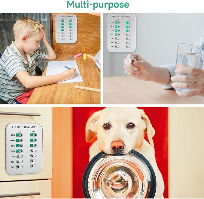 Dog Feeding Reminder, Magnetic OR Double Sided Adhesive Application, AM/PM Daily Chart Signs, Helps You Track Pets Feeding & Medication, Easy to Use on Fridge, Wall, Food Storage Bin (Silver)