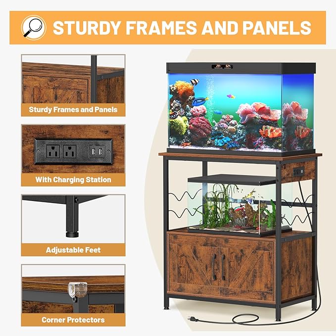 Snughome Aquarium Stand, Fish Tank Stand with Cabinet for Fish Tank Accessories Storage, Metal Fish Tank Stand 29.92" x 16.53" x 32.87", Rustic Brown