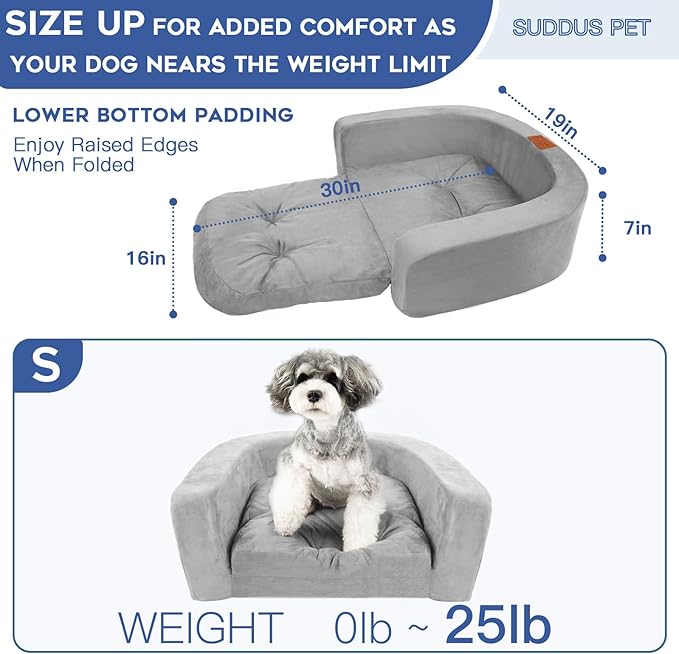 suddus Dog Beds for Small Dogs, Dog Sofa Bed with High Density Foam, Dog Couch Washable with Removable Cover and Non-Slip Bottom, Grey