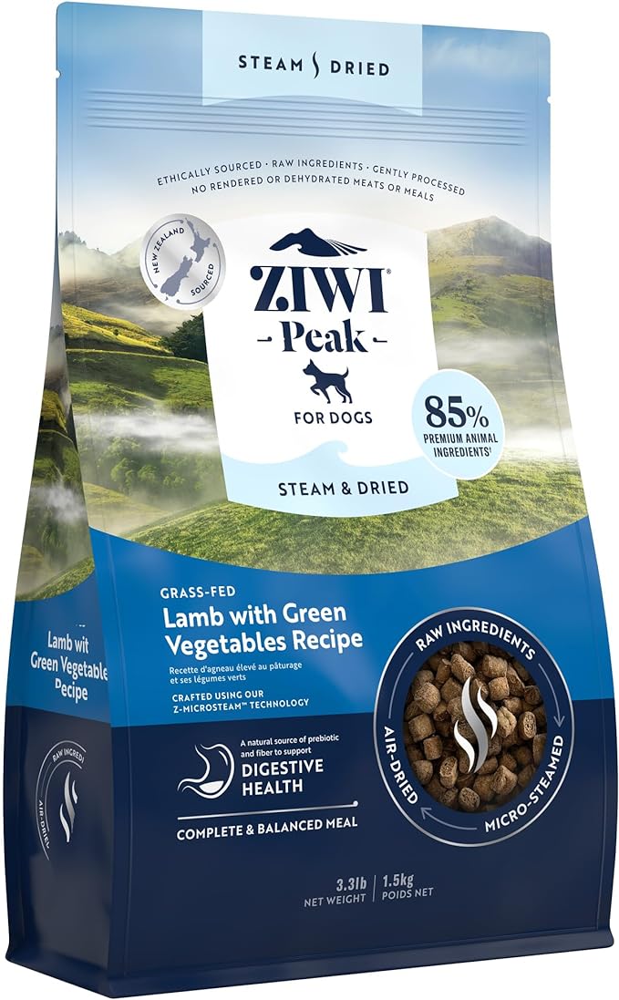 ZIWI Peak Steam & Dried Dog Food – Grass-fed Lamb with Green Vegetables Recipe - High Protein, Digestive Health, Low Carb, for All Breeds and Lifestages (3.3lb)