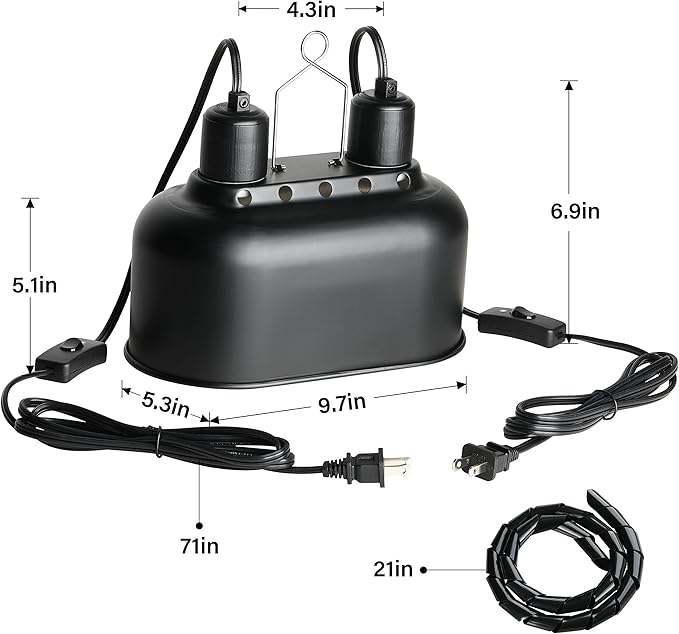 Simple Deluxe Reptile Lamp Fixture Dual Dome Light Double Sockets Bulbs Holder with Independent Switches and 22"-35" Adjustable Metal Floor Lamp-Holder, for Amphibians Terrarium, Turtle Tank