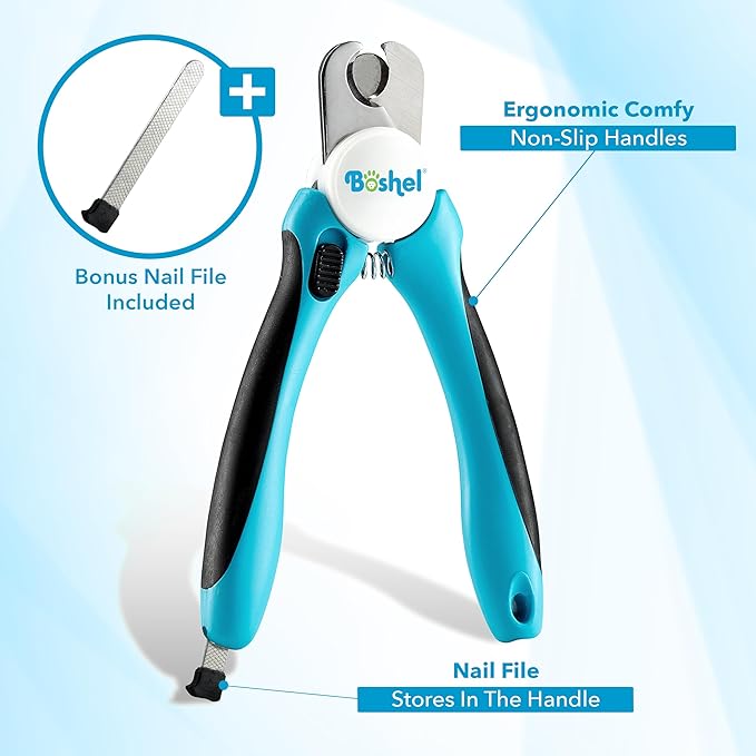 Boshel Dog Nail Clippers and Trimmer with Safety Guard to Avoid Over-Cutting Nails & Free Nail File - Razor Sharp Blades - Sturdy Non Slip Handles - for Safe, Professional at Home Grooming