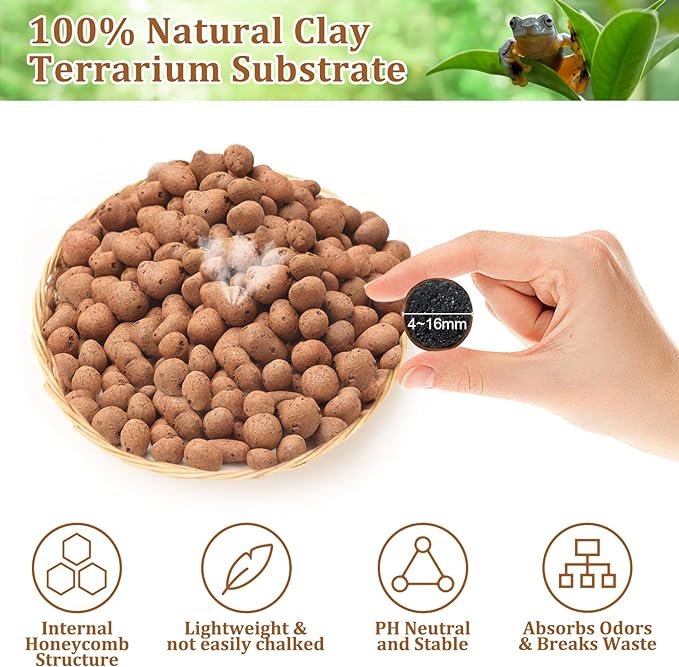 4LBS Expanded Clay Balls Terrarium Substrate for Reptiles - 100% Organic Lightweight Clay Pebbles Substrate Frogs False Bottom Substrate, Bioactive Terrarium Substrate for Drainage and Moisture