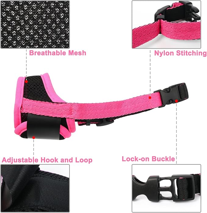 LUCKYPAW Dog Muzzle Anti Biting Barking and Chewing with Comfortable Mesh Soft Fabric and Adjustable Strap, Suitable for Small, Medium and Large Dogs(Hot Pink Trim,M)