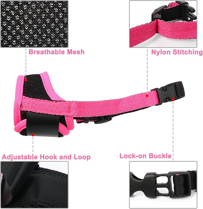 LUCKYPAW Dog Muzzle Anti Biting Barking and Chewing with Comfortable Mesh Soft Fabric and Adjustable Strap, Suitable for Small, Medium and Large Dogs(Hot Pink Trim,XL)