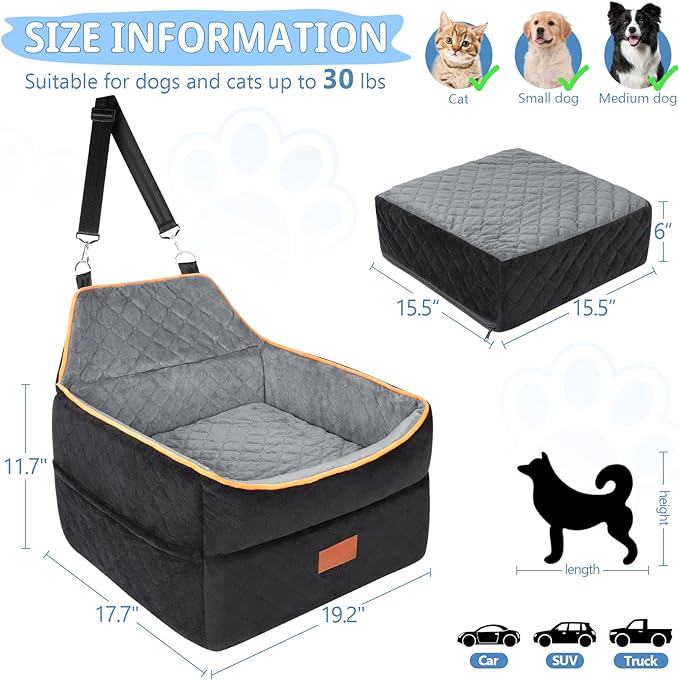 Dog Car Seat for Small Dogs, Memory Foam Dog Booster Seat for Dogs under 35 lbs, Detachable & Washable Dog Car Seat for Front & Back Seats, Elevated Pet Car Seat with Storage Pockets