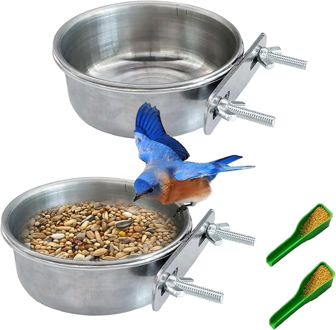 2Pcs Small Bird Bowls, Stainless Steel Hamster Food Bowl with Clamp Holder, Hanging Guinea Pig Bowl Parrot Water Feeder Dish Cups for 2 Bird Seed Scoop