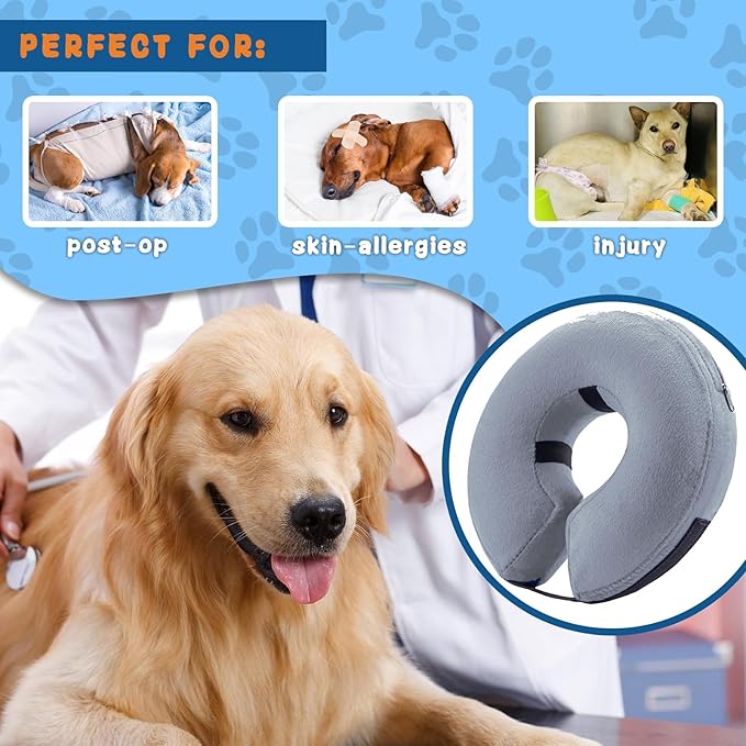 Inflatable Dog Cone Collar (XL Size), Soft Blow-up Protective Recovery Dog Collar, Pet Donut Cone Collar, Comfy Elizabethan Collar After Surgery for Large Dog to Prevent Biting Scratching, Grey