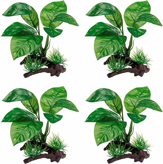 Reptile Artificial Plants, Terrarium Plants Decorations Supplies, Aquarium Fish Tank Plant, Amphibian Habitat Hideout Tank Accessories (M Set-4pcs/F)