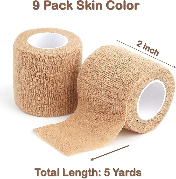 Self Adhesive Bandage Wrap, 9 Pack 2" x 5 Yards, Athletic Tape, Elastic Bandage, Self Stick Wrap for Ankle, Wrist, Finger, Sports (Skin Color)