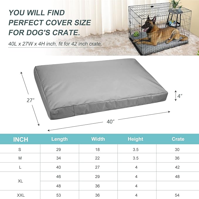 Waterproof Dog Bed Cover Canvas Washable Dog Crate Pad Replacement Cover for 42 Inch Crate, 40Lx27Wx4H inch, Gray