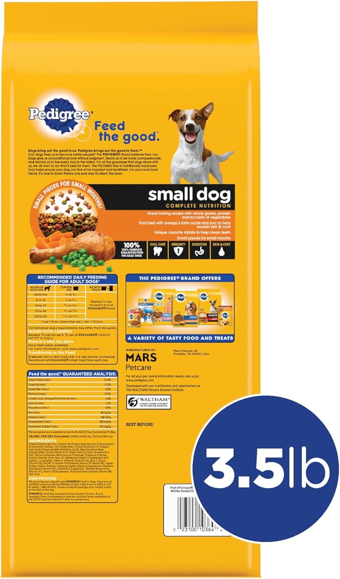 Pedigree Small Dog Complete Nutrition Small Breed Adult Dry Dog Food Roasted Chicken, Rice & Vegetable Flavor Dog Kibble, 3.5 Pound (Pack of 2)