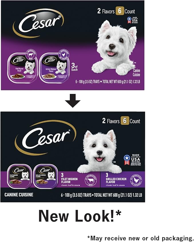 CESAR Soft Wet Dog Food Classic Loaf in Sauce Filet Mignon and Grilled Chicken Variety Pack, (6) 3.5 oz. Easy Peel Trays