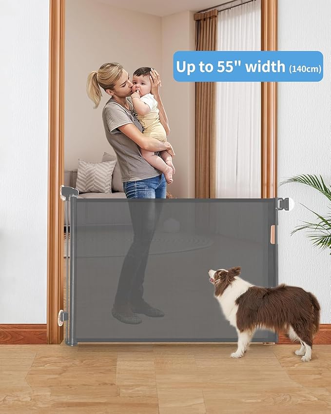 Punch-Free Install Retractable Baby Gate, Mesh Baby Gate or Mesh Dog Gate,33" Tall,Extends up to 54" Wide,Child Safety Gate for Doorways, Stairs, Hallways, Indoor/Outdoor（Grey,33"x54")