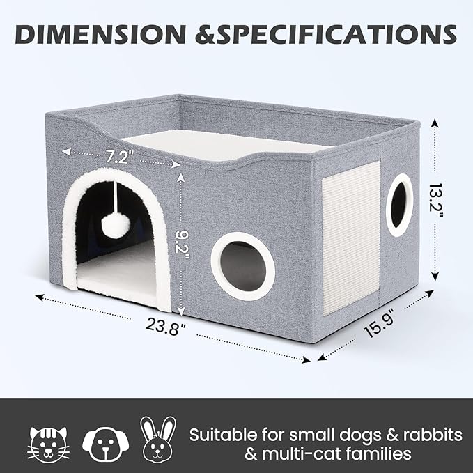 Heeyoo Cat House for Indoor Cats - Large Cat Bed Cave with Fluffy Ball and Scratch Pad, Foldable Cat Condos, Cat Cubes, Cat Hideaway, Covered Cat Bed