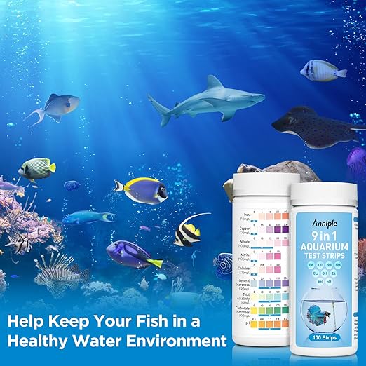 9 in 1 Aquarium Test Strips - 100 Strips Aquarium Water Test Kits for Freshwater Saltwater - Testing for Iron, Copper, Nitrite, Nitrate, pH, GH & KH, Chlorine, Total Alkalinity