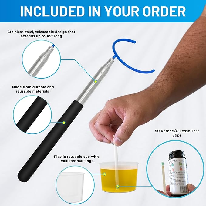 PetTest Pet Ketone and Glucose Test Strips with Urine Catcher Telescoping Pole - 50 Strips for Fast Urine Testing of Cats & Dogs with Extendable Urine Catcher up to 45" - Home kit for Pet Ketone Level