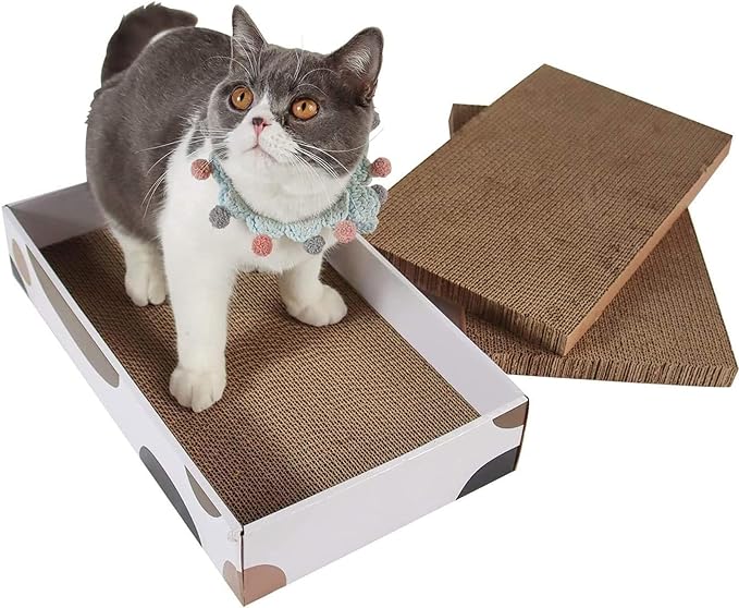 ComSaf Cat Scratcher Cardboard Indoor - 17"x10" Cat Refill Box with 3 Pcs Scratching Board Reversable Long Lasting Clawing Pad for Cats, Corrugate Scratchers Bed Sofa Couch Furniture Wall Protector