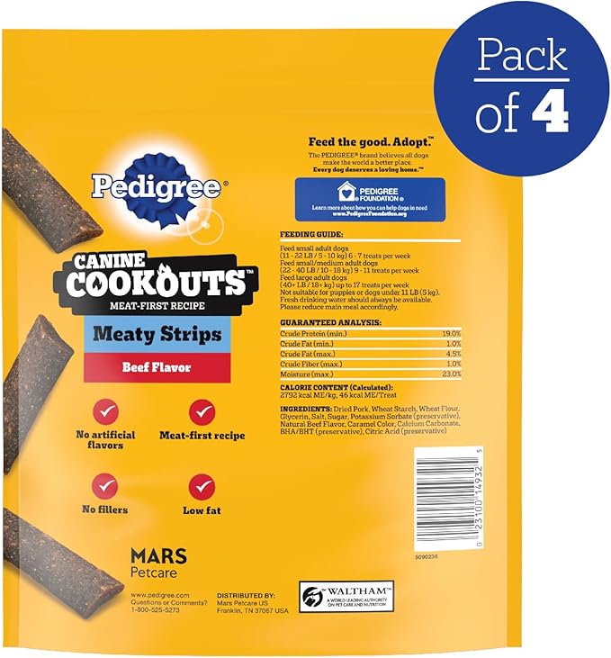 Pedigree Canine Cookout Soft Dog Treats, Beef Flavored Meaty Strips, 18.2 oz. Bag, Pack of 4