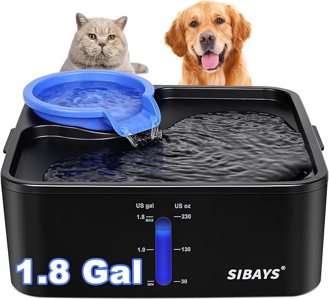 SIBAYS 230OZ 1.8GAL 7L Dog Water Fountain for Large Dogs, Medium Dogs and Cats Automaticlly Super Quiet,Pet Water Fountain for Cats,5 Layer Filter, Visible Water Reminder BPA-Free Material