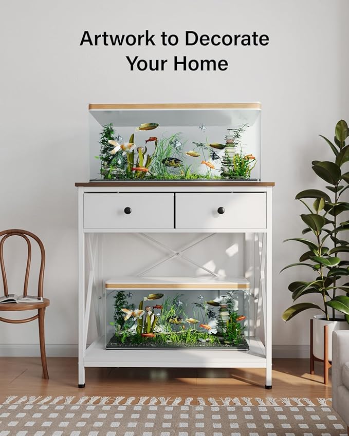 FILKO Aquarium Stand 20-29 Gallon, Metal Gallon Fish Tank Stands with Accessories Storage, Turtle/Reptile Terrariums Table,Breeder Tank Stand,Easy to Assemble(Tank not Included) (White, 29 Gallon)