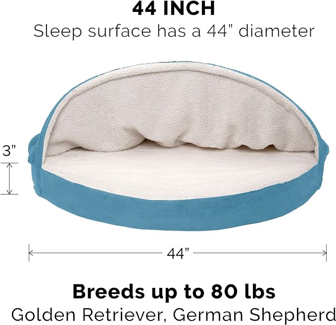 Furhaven 44" Round Orthopedic Dog Bed for Large Dogs w/ Removable Washable Cover, For Dogs Up to 80 lbs - Sherpa & Suede Snuggery - Blue, 44-inch