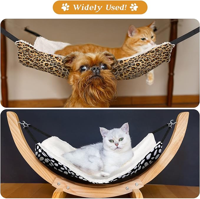 2 Pieces Reversible Cat Hanging Hammock Soft Breathable Pet Cage Hammock with Adjustable Straps and Metal Hooks Double-Sided Hanging Bed for Cats Small Dogs Rabbits (Leopard and Dot,S)