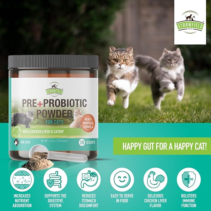 Strawfield Pets' Pre + Probiotic Powder for Cats with Catnip Probiotic for Cats Diarrhea Relief Supplement Natural Chicken Liver Flavor 120 grams / 120 Scoops