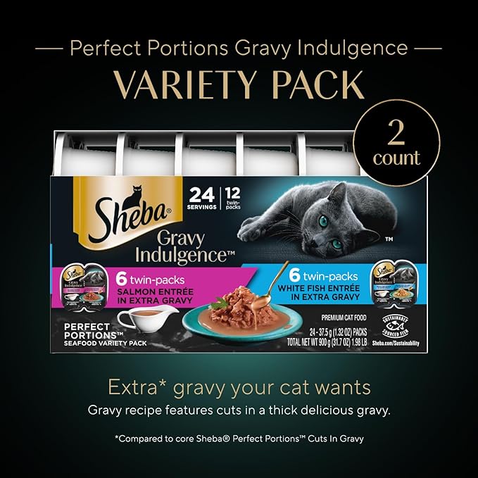 Sheba Gravy Indulgence Adult Wet Cat Food (24 Count, 48 Servings), Salmon Entrée in Extra Gravy and White Fish Entrée in Extra Gravy Variety Pack, Easy Peel Twin-Pack Trays