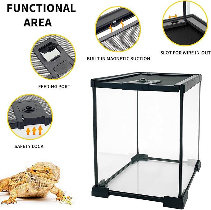 Upgrade！Reptile Glass Terrarium kit，8"x8"x12"Terrarium Enclosure Amphibians Tank Cage with Magnetic Sliding Door for Small Reptiles, Amphibians and Invertebrates.