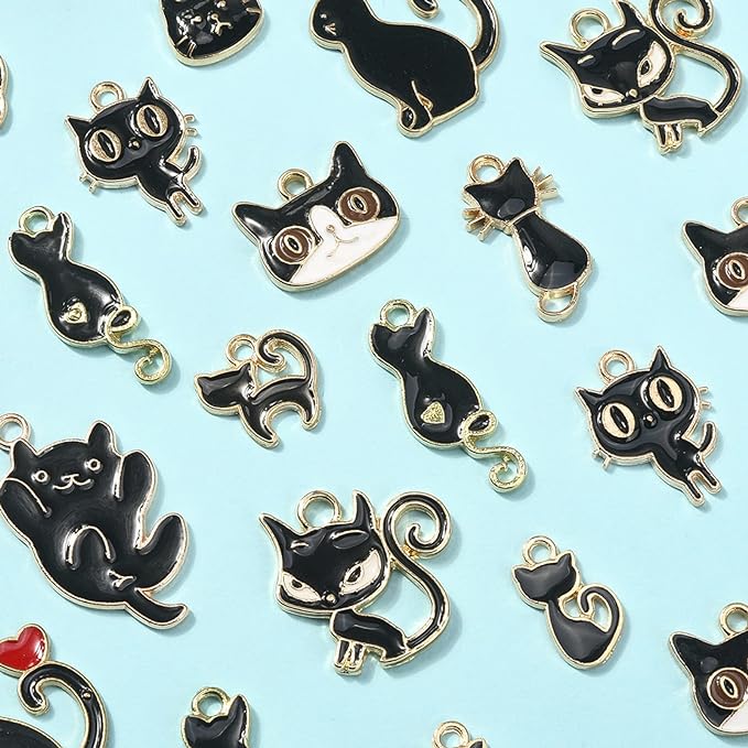 LiQunSweet 50 Pcs 10 Styles Enamel Kitten Animals Black Cat Charms for Jewelry Making Earrings Bracelet Necklace DIY